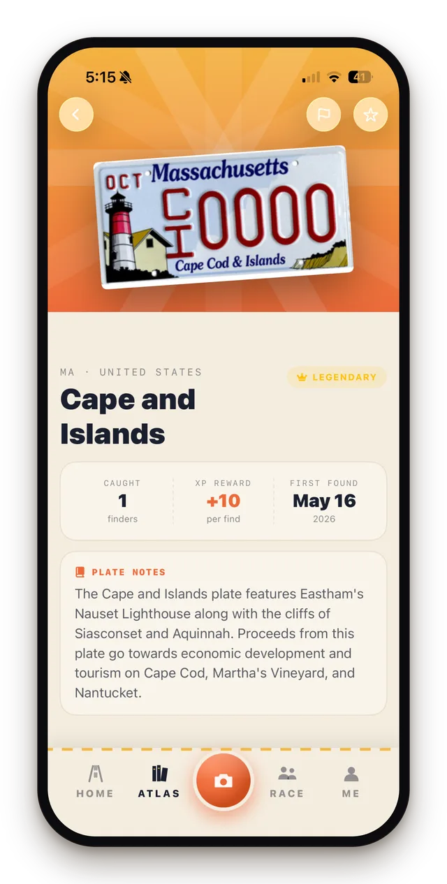 Cape and Islands plate detail with Legendary rarity, XP reward, and plate notes