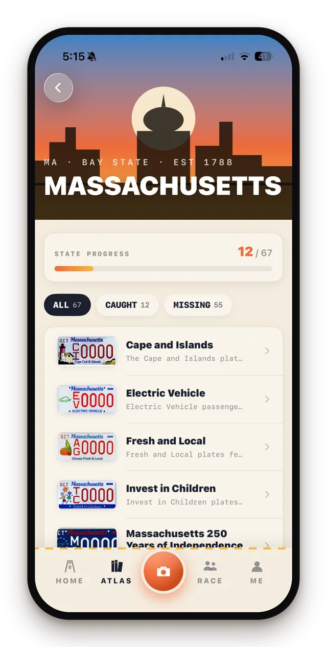 Massachusetts state page with the full plate catalog, a progress bar, and caught and missing filters